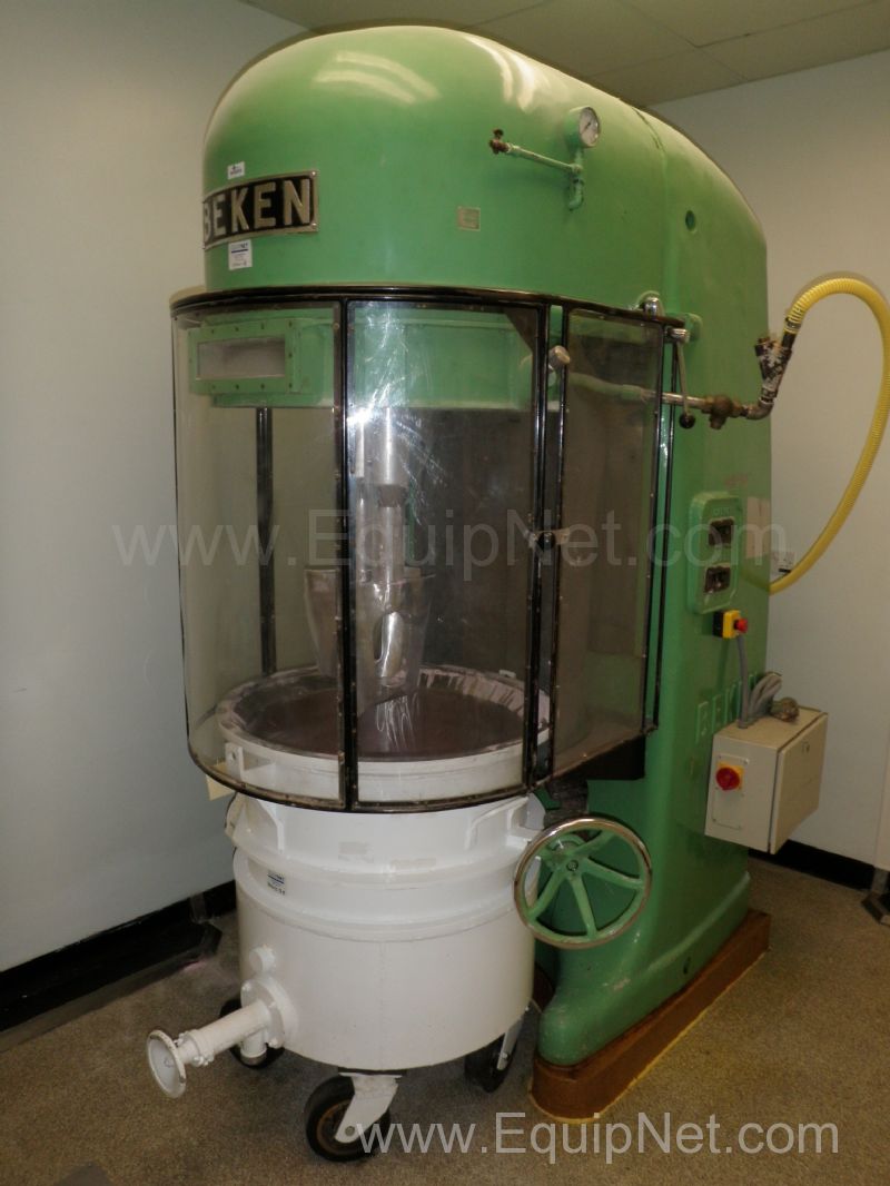 Beken 50 P V AC Planetary Overhead Bowl Mixer and 2 off mobile 800 Litre Jacketted Mixing Bowls