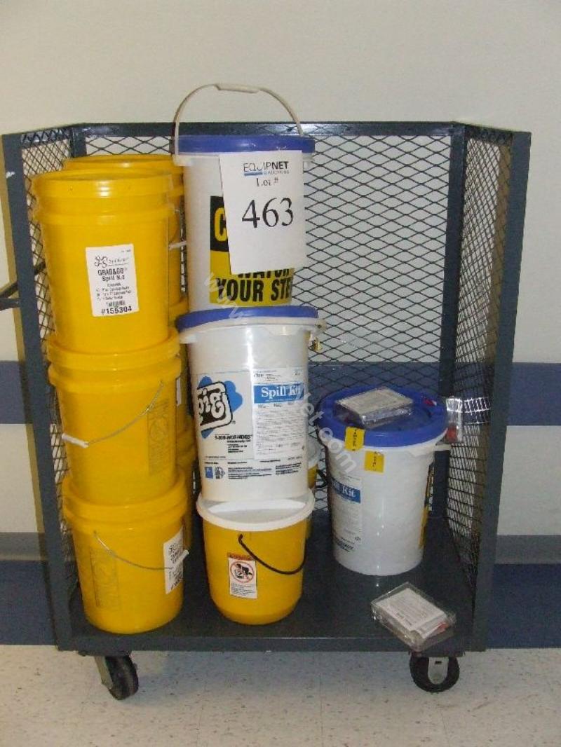Lot of (11) Absorbant Spill Kits with Metal Cart and (2) Spill Containment Trays