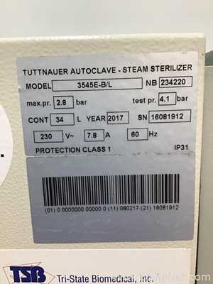 Tuttnauer Brinkmann 3545E-B/L Autoclave - Steam Sterilizer