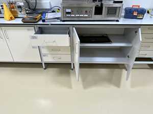 Lot of 4 Laboratory Benches With 14 Door Cupboards and 16 Drawers