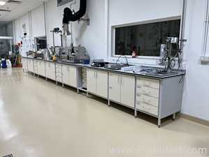 Lot of 4 Laboratory Benches With 14 Door Cupboards and 16 Drawers