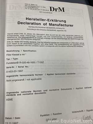 Filtro de Presión Acero inoxidable DrM, Dr. Muller AG, Switzerland Fundabac R-020-48-1650/T130Z