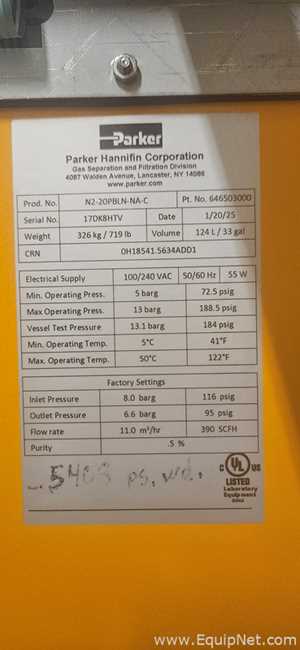 Parker Domnick Hunter  N2-20PBLN-NA-C Nitrogen Generator