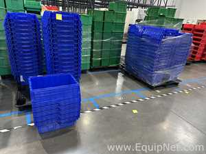 Lot of Blue Plastic Attached Lid Stackable Storage Totes