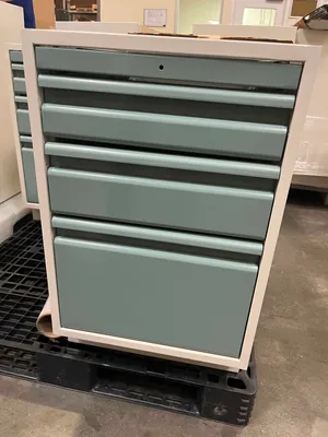 Lot of Lab Storage Counters and Cabinets, Agave and Light Neutral Colors and one pump