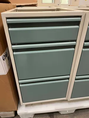 Lot of Lab Storage Counters and Cabinets, Agave and Light Neutral Colors and one pump