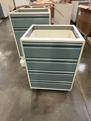 Lot of Lab Storage Counters and Cabinets, Agave and Light Neutral Colors and one pump