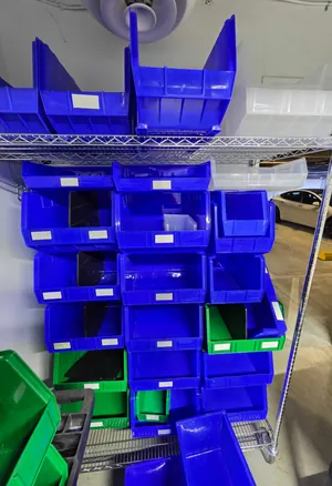 Lot of 58 Various-Sized Open-Front Plastic Part Bins