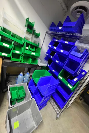 Lot of 58 Various-Sized Open-Front Plastic Part Bins