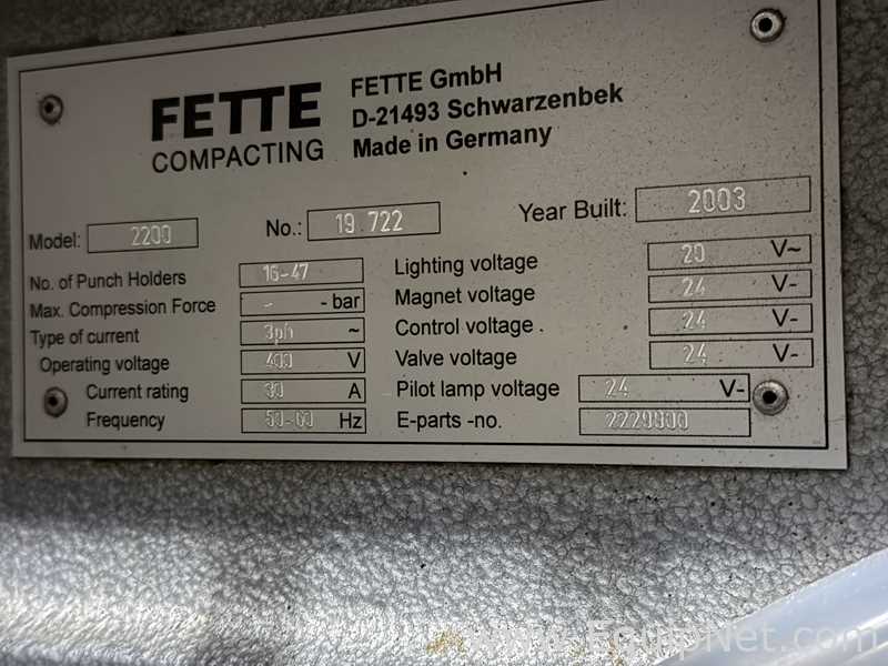 Fette 2200 Tablet Press 36 Station with B Tooling