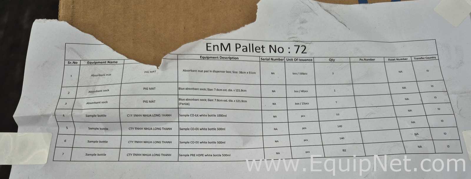 Lot of Absorbant Mat, Sock and Sample Bottles - Pallet No 72