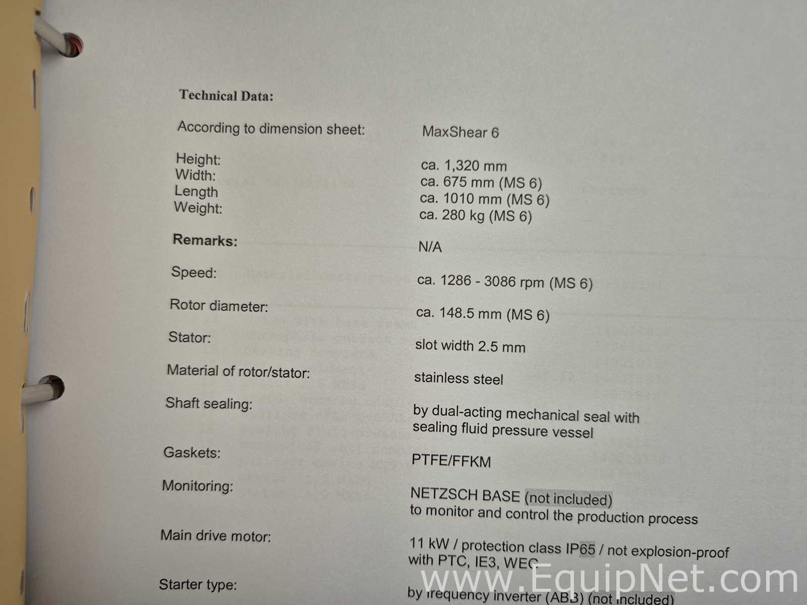 Netzsch 160M-02 Maxshear 6 for Line - Pregel and Premix Complete Assembly - Box No 4