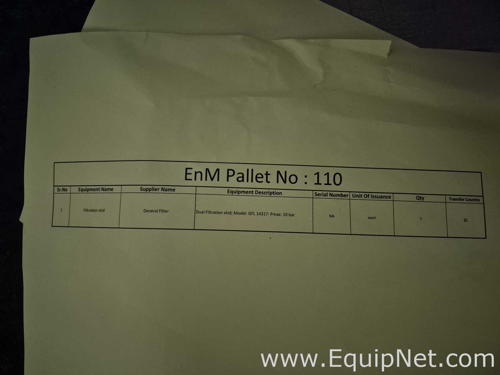 General Filter GFL 14317 Dual Filtration Skid - Pallet No 110