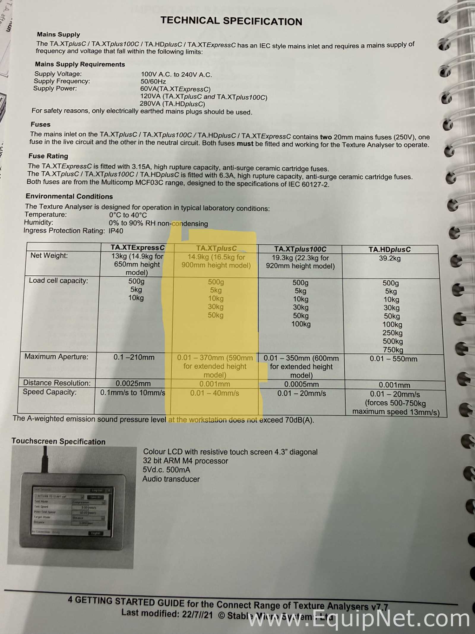 Analizador Stable MicroSystems TA-XTplusC