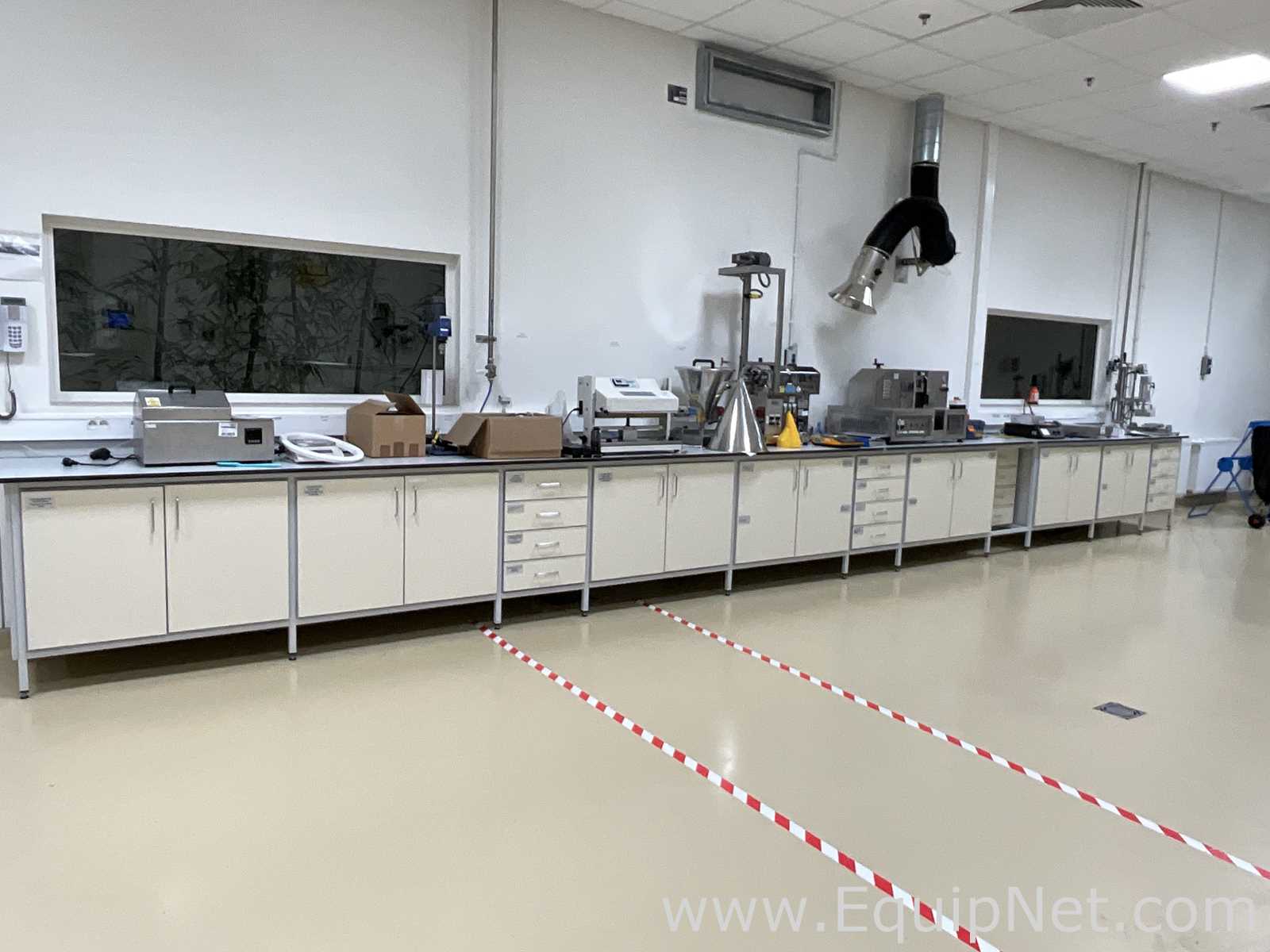 Lot of 4 Laboratory Benches With 14 Door Cupboards and 16 Drawers