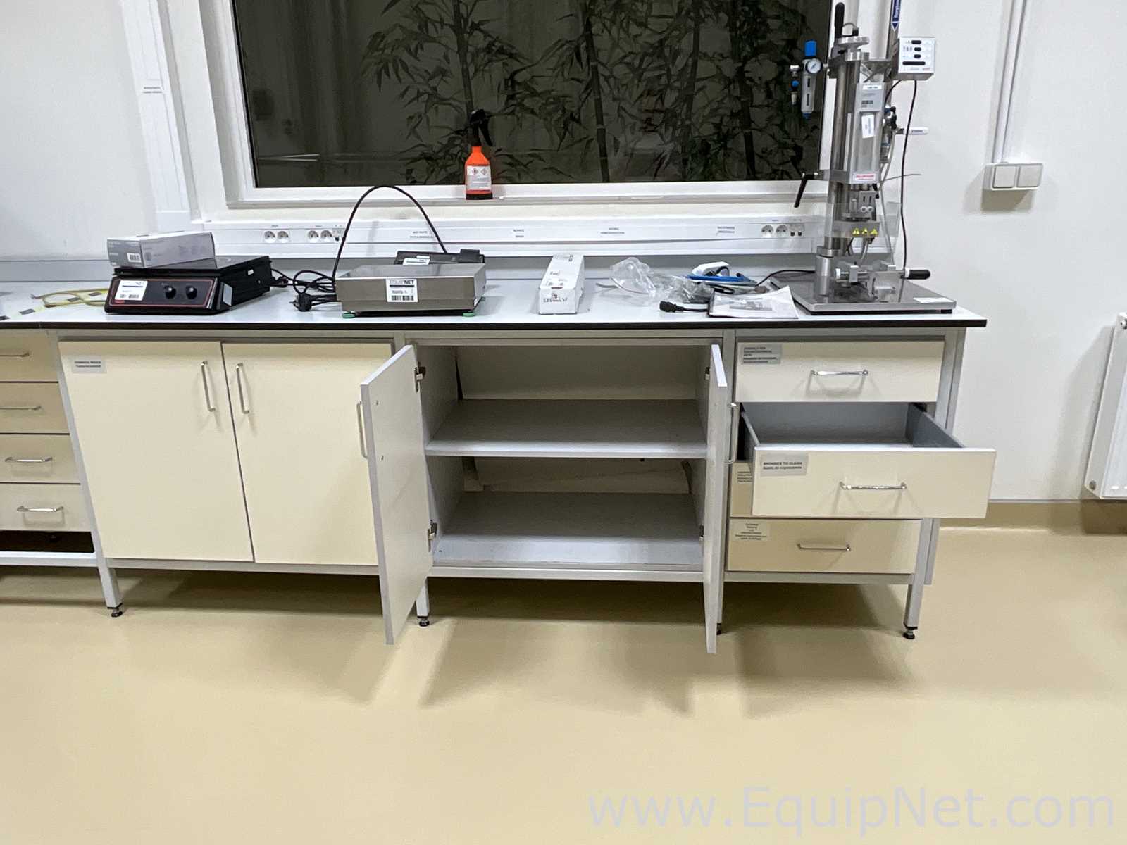 Lot of 4 Laboratory Benches With 14 Door Cupboards and 16 Drawers
