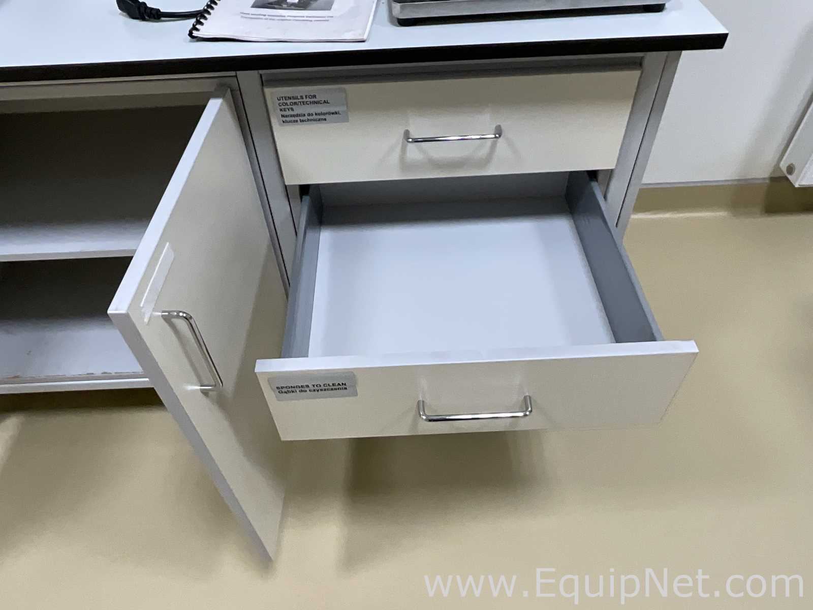 Lot of 4 Laboratory Benches With 14 Door Cupboards and 16 Drawers