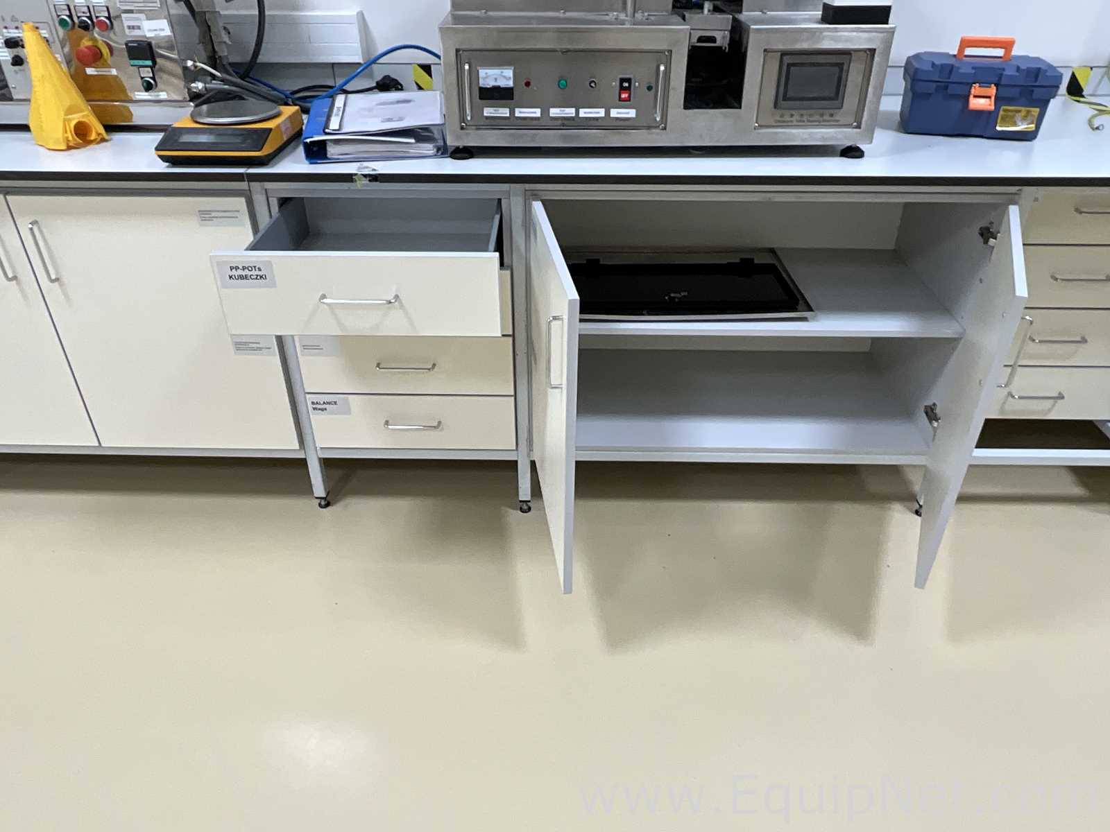 Lot of 4 Laboratory Benches With 14 Door Cupboards and 16 Drawers