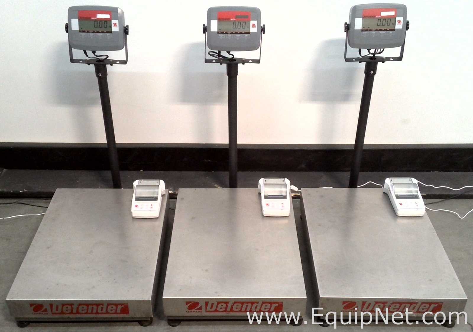 Lot of 3 OHAUS Corporation Defender 3000 Stainless Steel Floor Scales with OHAUS SF40A Printers