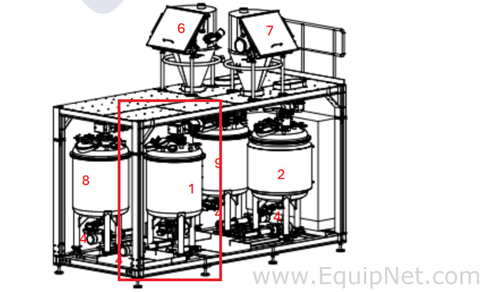 Netzsch Skid w Four 1000L SS Mix Tanks Netzsch Maxshear High Shear Mixer - Pregel NK-Premix Skid 3-1