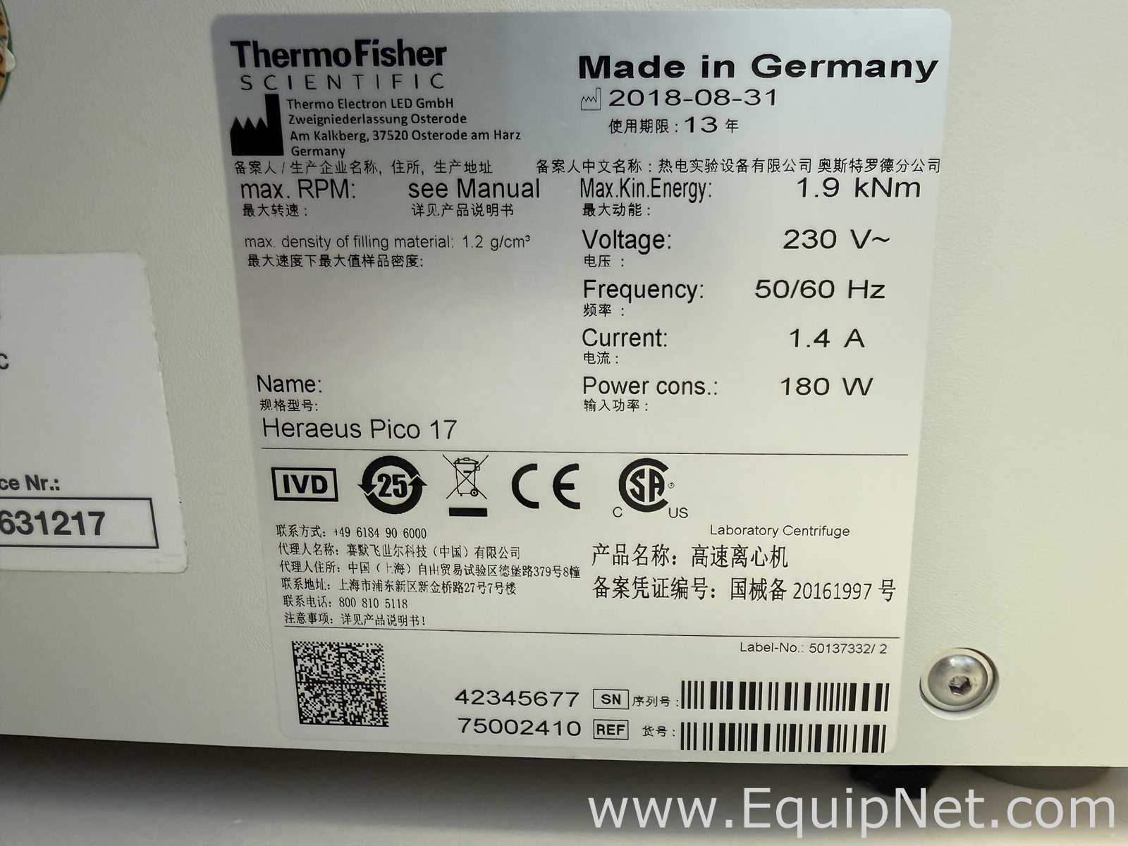 Thermo Scientific Heraeus Pico 17 Benchtop Centrifuge