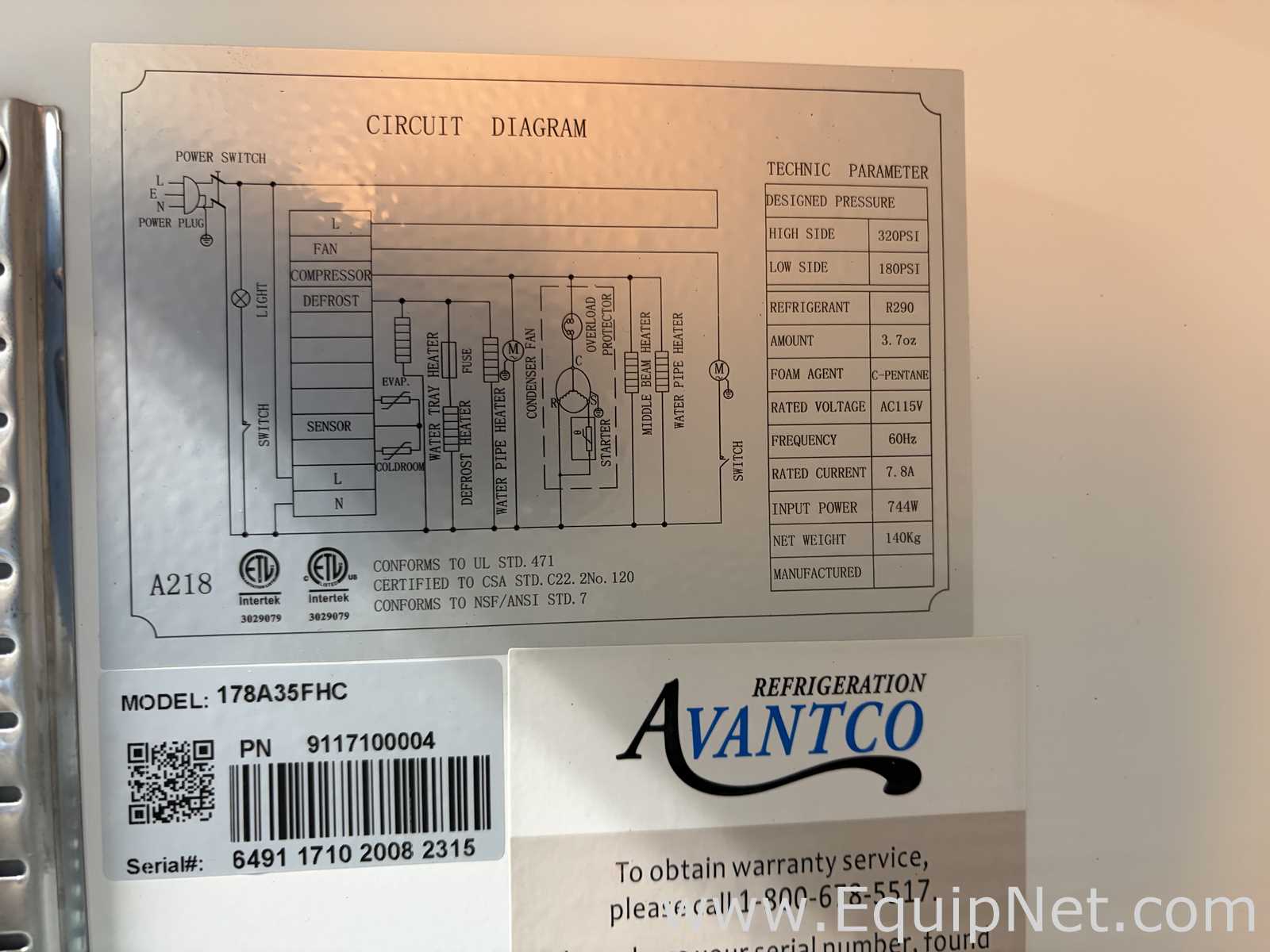 Unidade de Refrigeração Avantco 178A35FHC