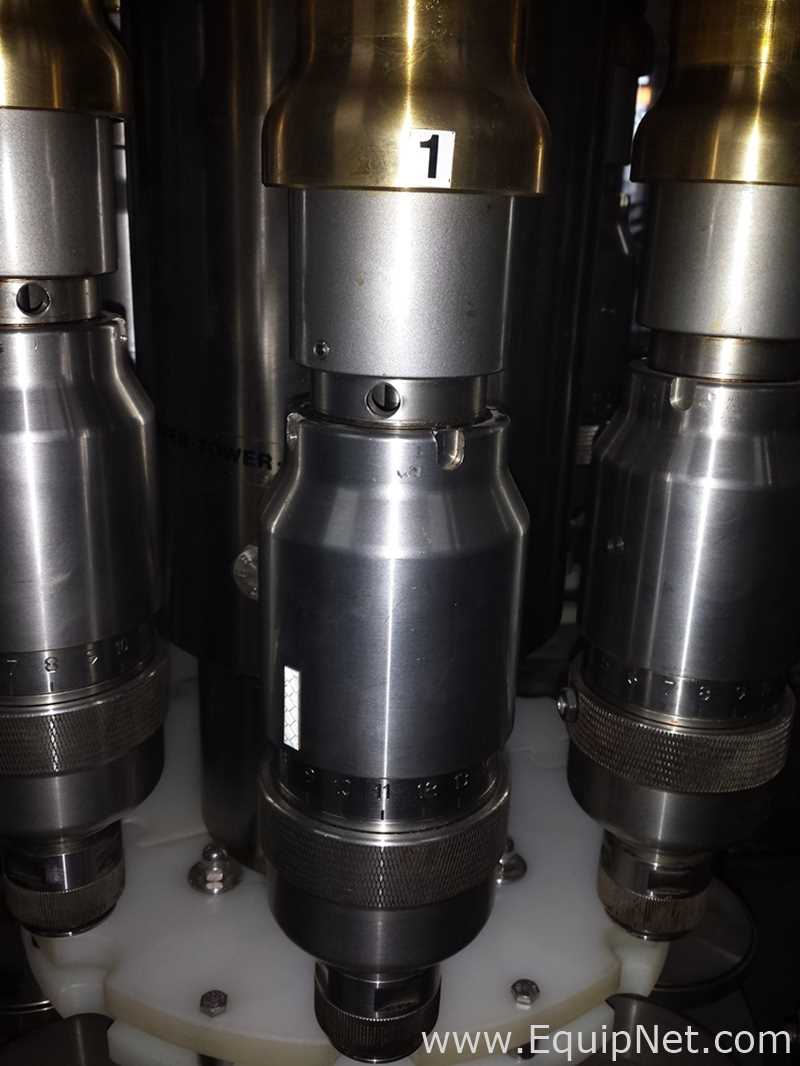 Used Borgo 8 head rotary capper model V8-T with centrifugal bowl and cap elevator