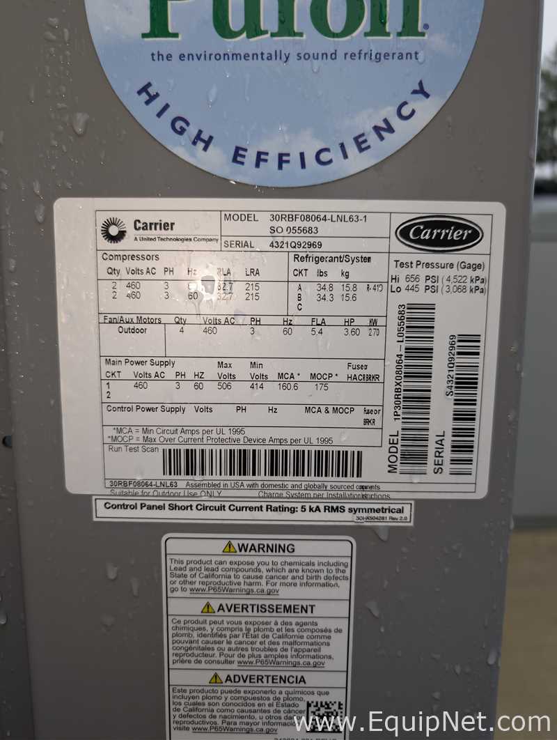 Unused Carrier Aqua Force 30RBF08064-LNL63-1 Air Cooled Chiller with Pump Skid