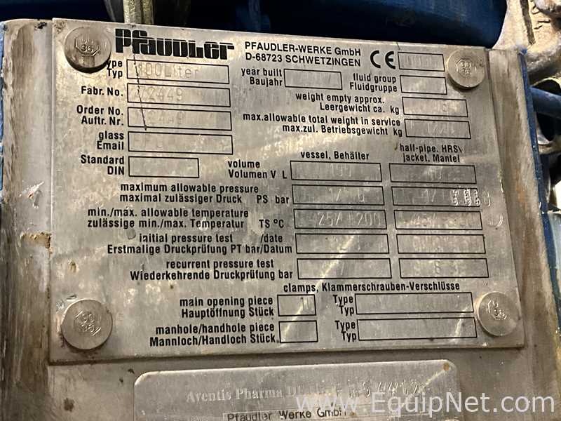 Pfaudler-Werke GmbH 100 Litre Glass Lined Jacketed Vacuum Rated Reactor