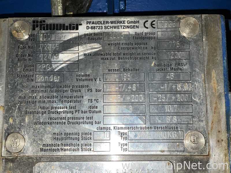 Pfaudler-Werke GmbH 100 Litre Glass Lined Jacketed Vacuum Rated Reactor