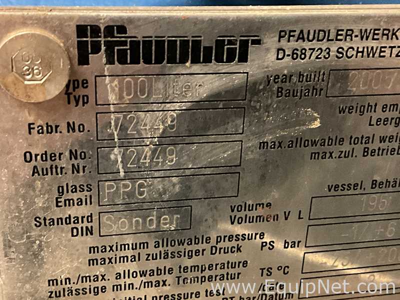 Pfaudler-Werke GmbH 100 Litre Glass Lined Jacketed Vacuum Rated Reactor