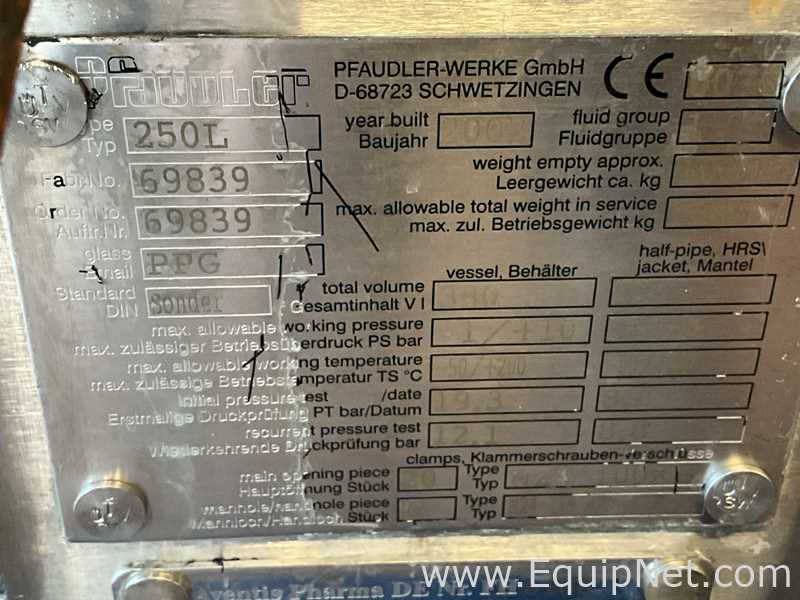 Reactor Pfaudler-Werke GmbH Requisitos de aire 250 L.  250 Litros