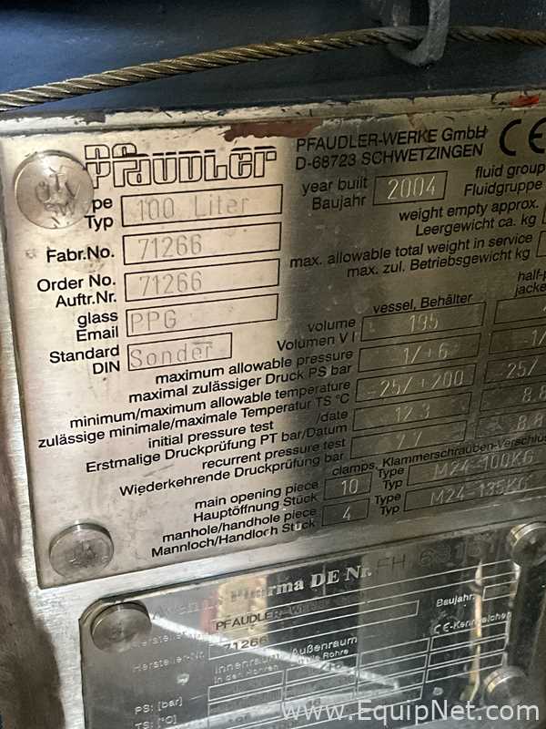 Reactor Pfaudler-Werke GmbH Requisitos de aire 100 L.  100 Litros