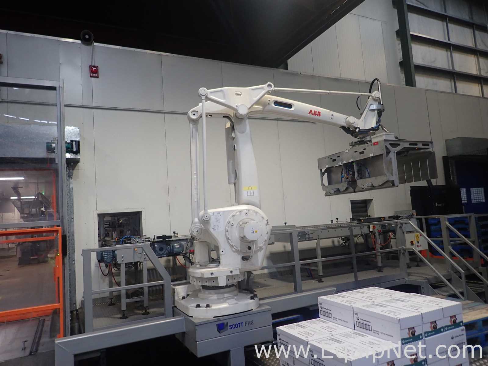 Scott PHS Palletizer - ABB Robot With IRC5 Controller, Lantech Q1000 Stretch Wrapper and Conveyors