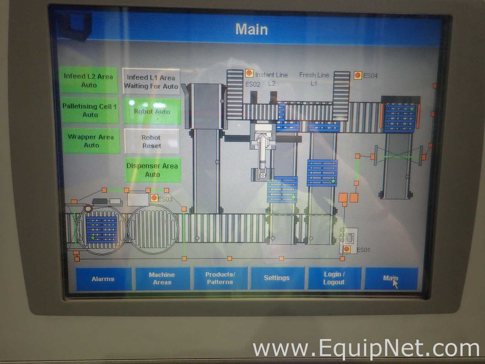 Scott PHS Palletizer - ABB Robot With IRC5 Controller, Lantech Q1000 Stretch Wrapper and Conveyors
