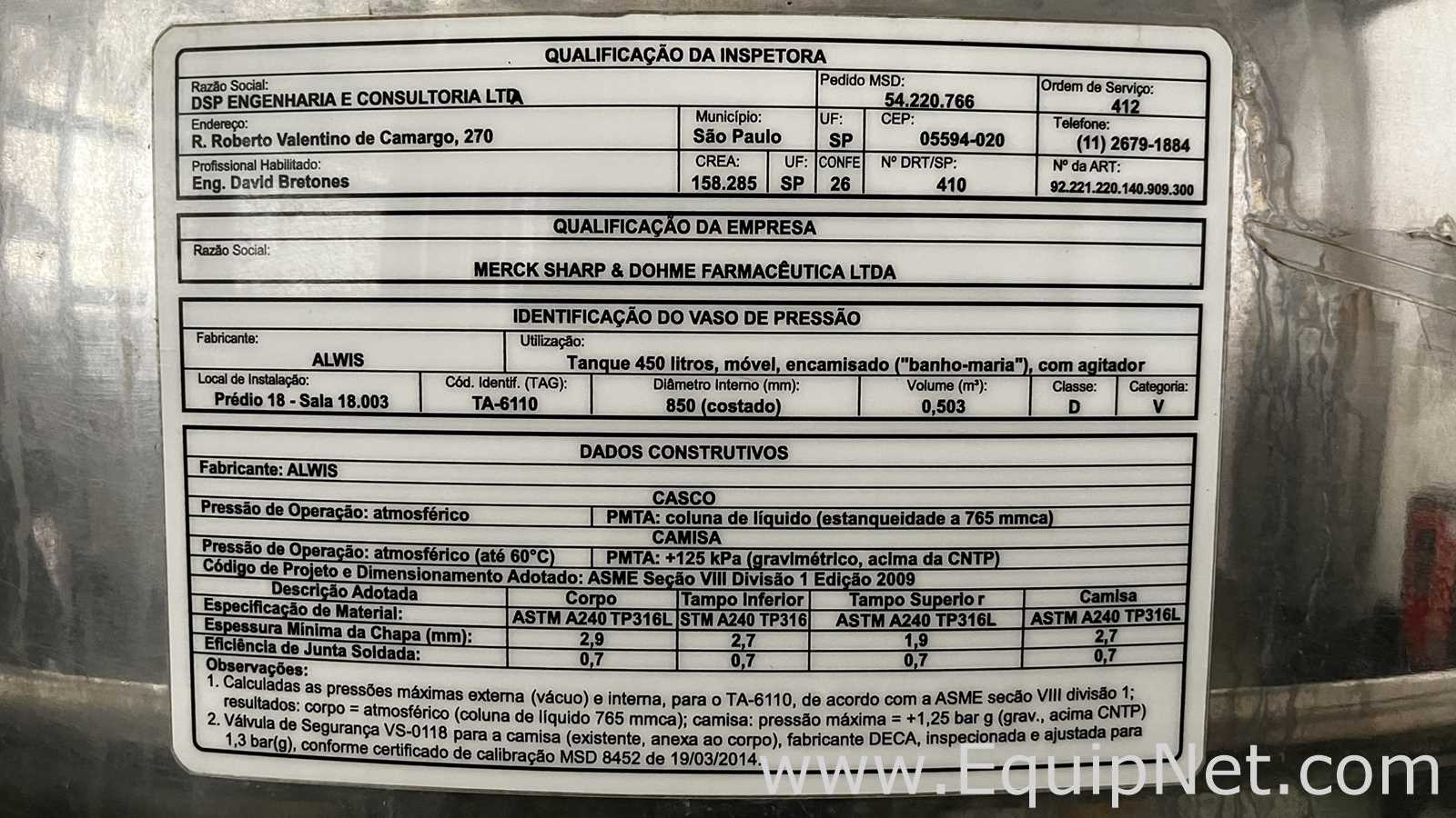 Tanque Encamisado Móvel em Aço Inox 316L ALWIS 450 Litros