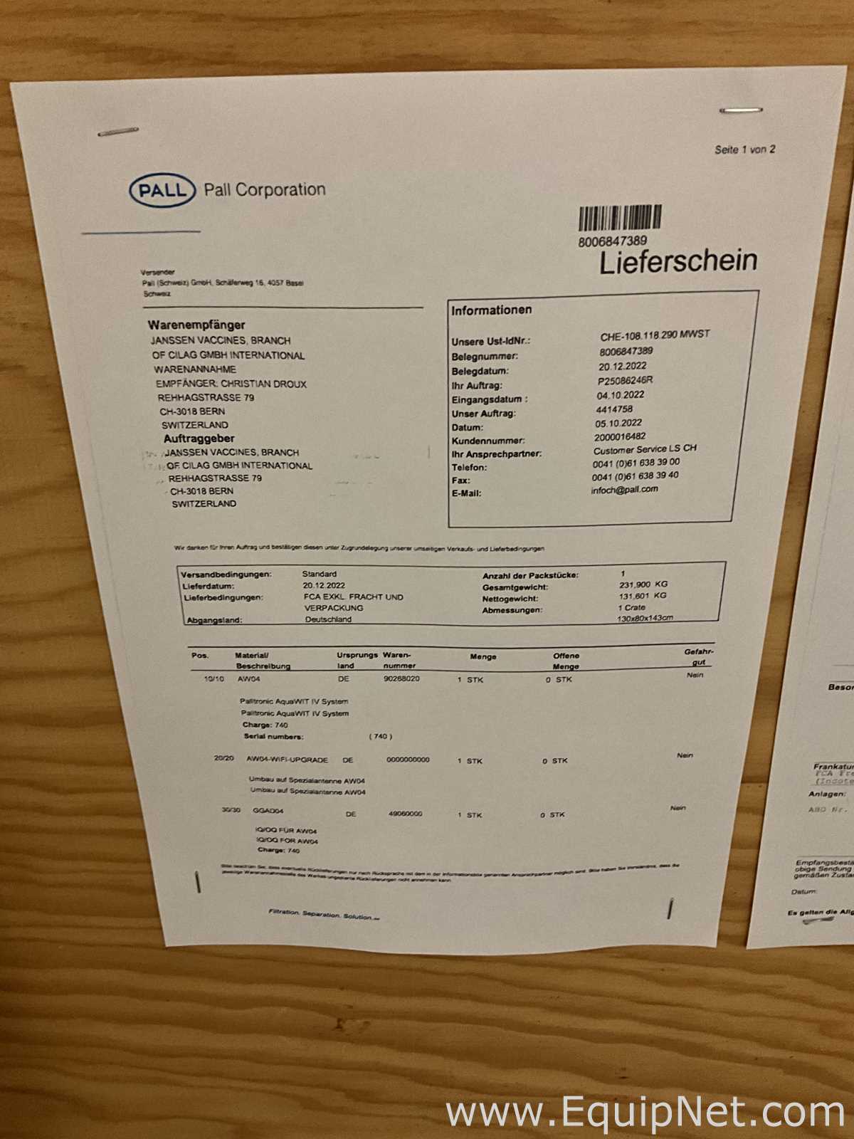 Unused Pall Life Sciences Palltronic AquaWIT IV Filter Integrity Test System