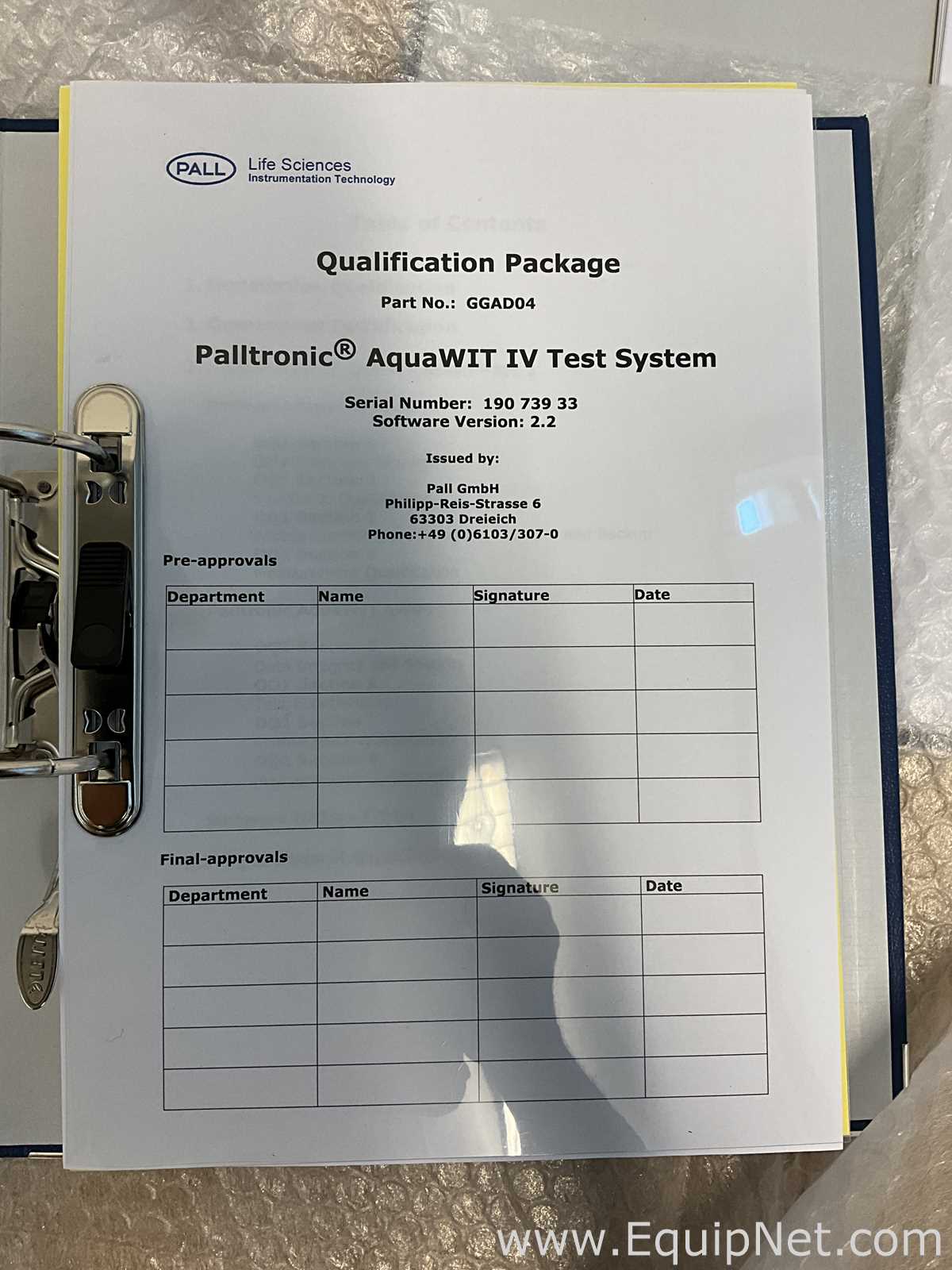 Unused Pall Life Sciences Palltronic AquaWIT IV Filter Integrity Test System