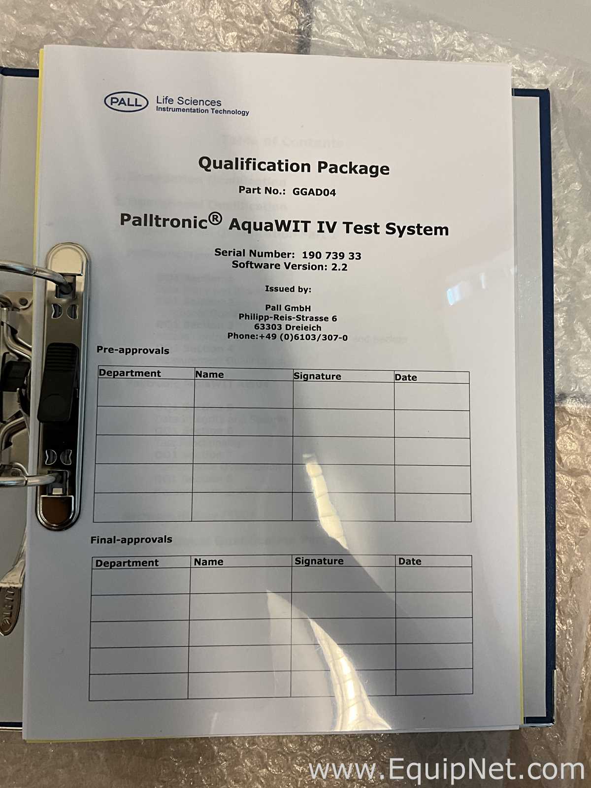 Unused Pall Life Sciences Palltronic AquaWIT IV Filter Integrity Test System
