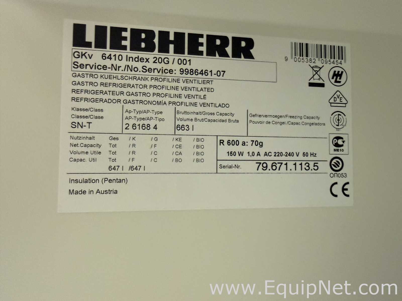 Liebherr GKv 6410 Index 20G/001 663L Upright Laboratory Refrigerator