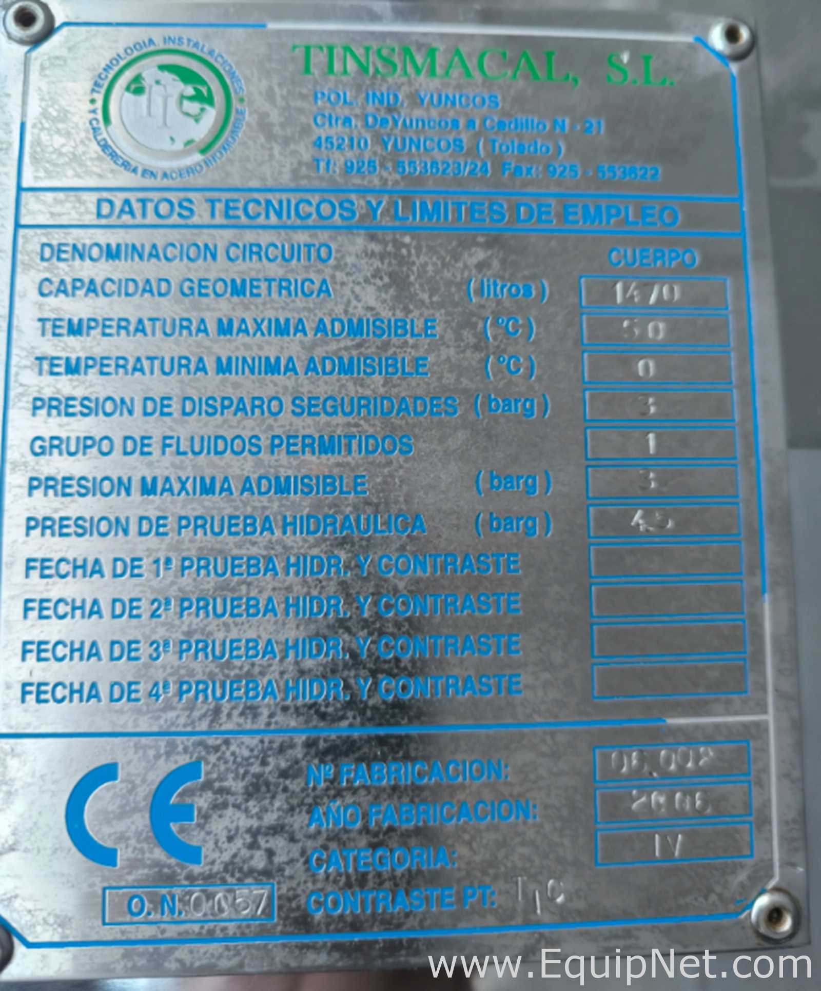 Tanque aço inox Tinsmacal .  1470 Litros