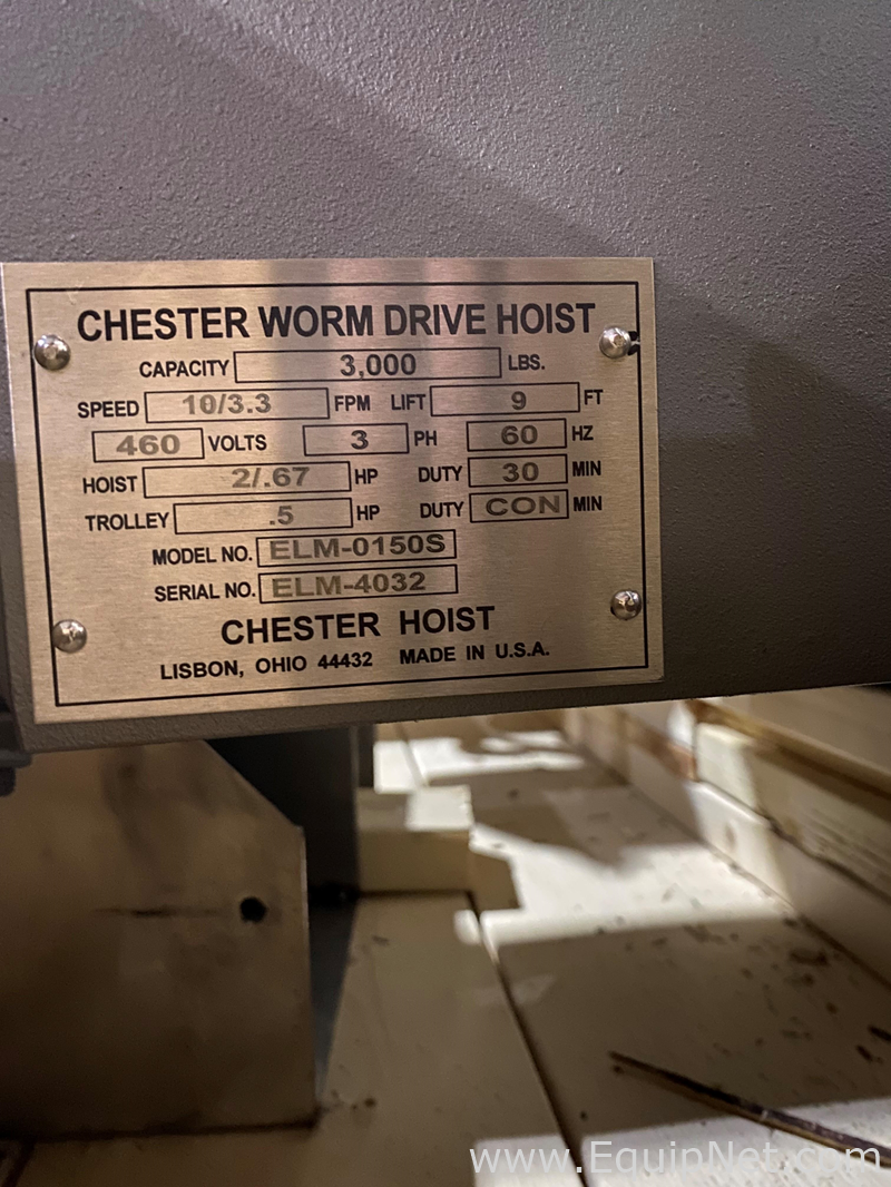 Unused Chester Hoist 3000 LB. Centrifuge Hoist ELM-0150-S Hoist