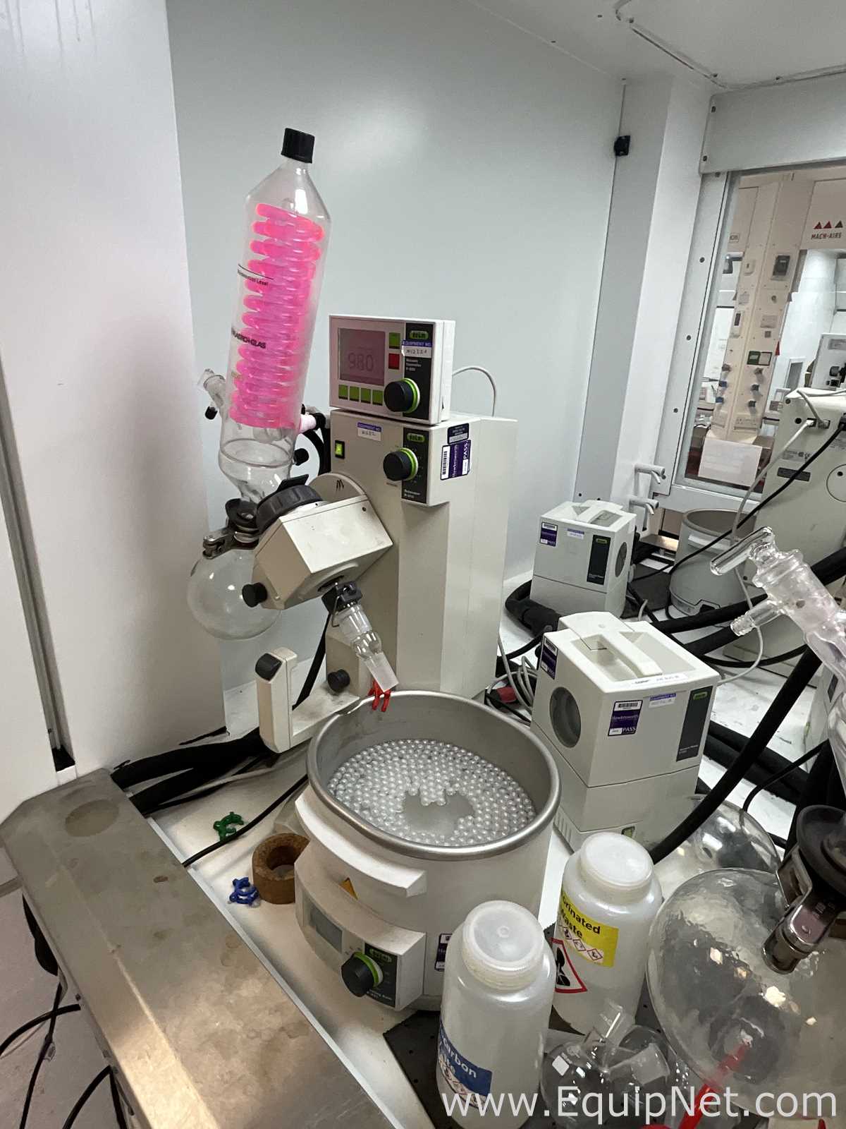 Buchi R-210 Evaporator with B-491 Heating Bath, V-700 Vacuum Pump and F-305 Recirculating Chiller