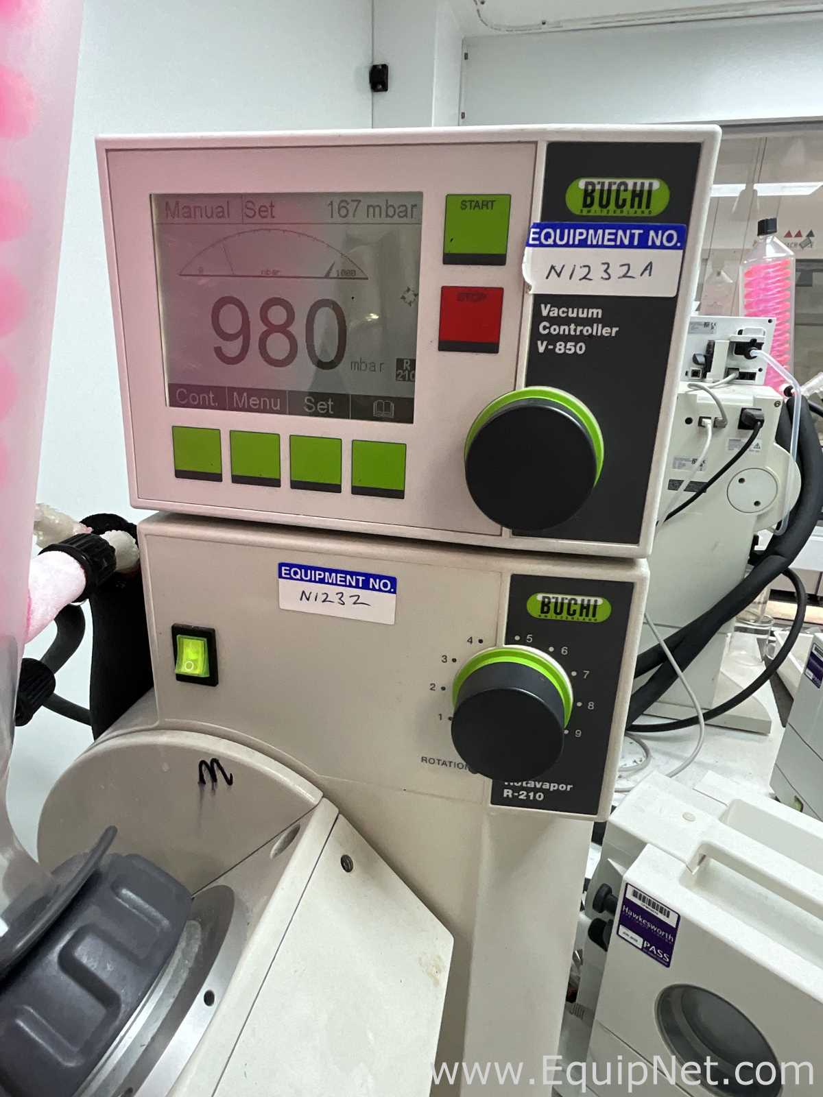 Buchi R-210 Evaporator with B-491 Heating Bath, V-700 Vacuum Pump and F-305 Recirculating Chiller