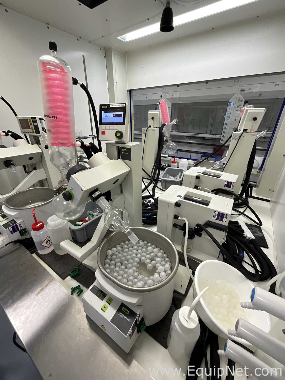Buchi R-100 Rotary Evaporator with B-100 Heating Bath, V-300 Vacuum Pump and F-314 Recirc Chiller