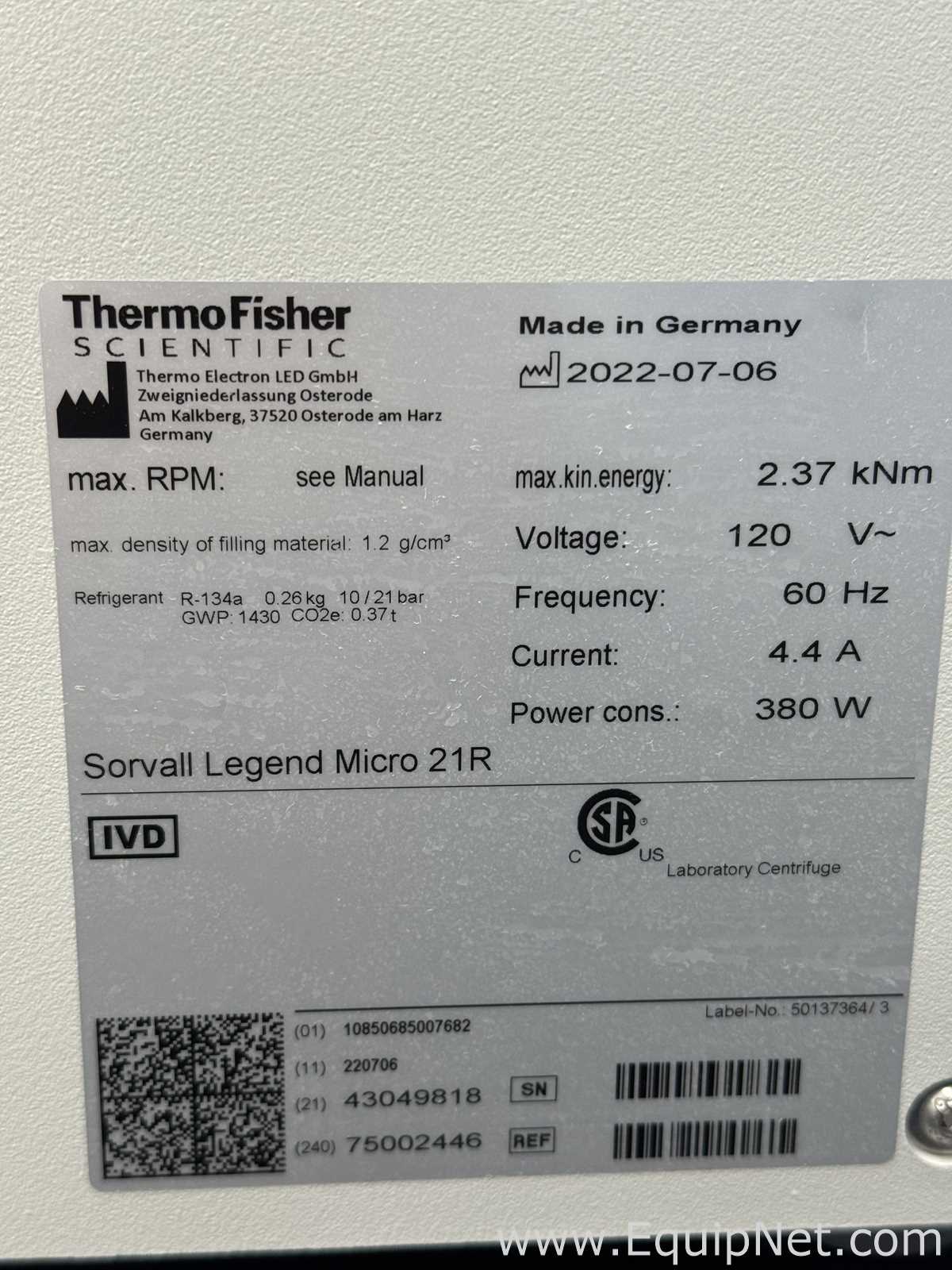 Thermo Fisher Scientific Sorvall Legend Micro 21R Refrigerated Centrifuge
