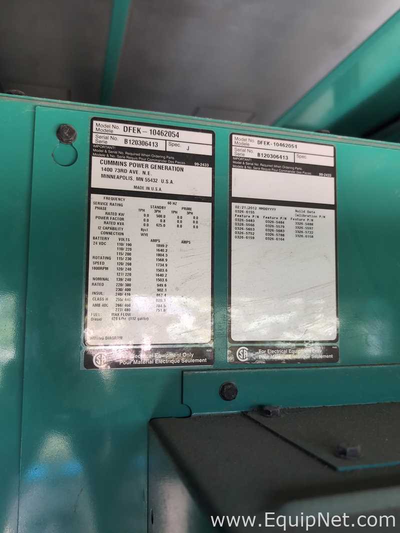 Cummins DFEK-10462054 Diesel Fuel Generator 500KW