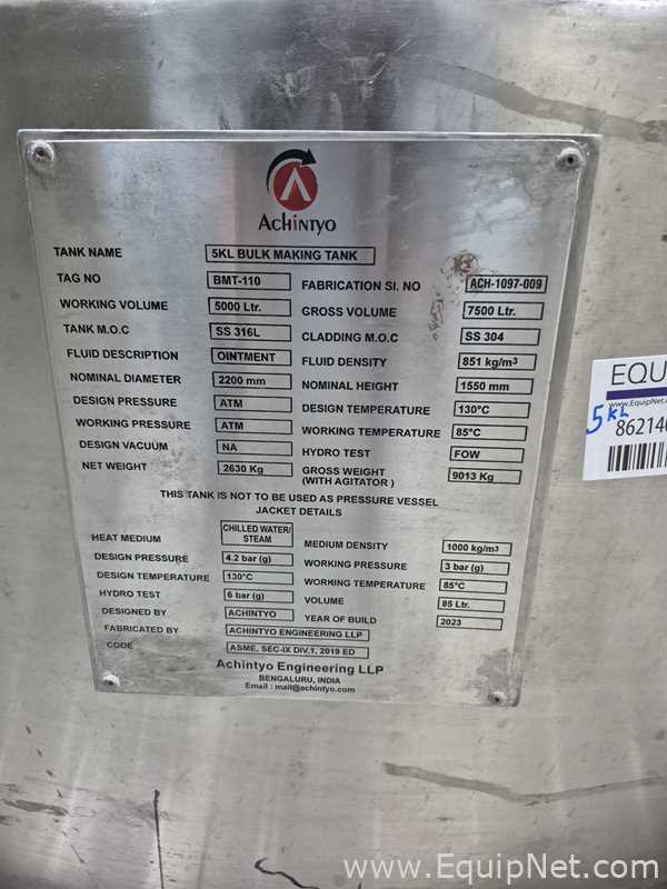 Achintyo Stainless Steel 316L 5000 Liters Bulk Making Tank