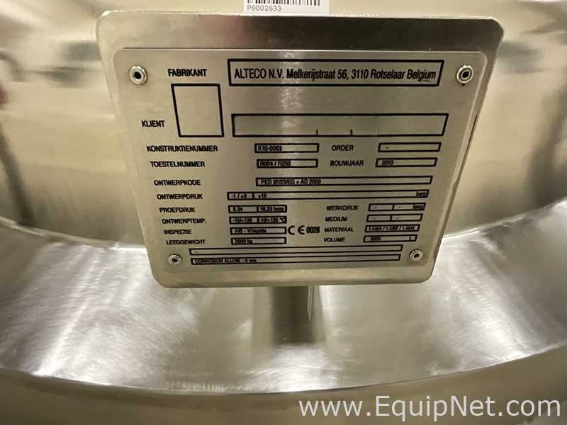 Alteco 3600 Litre Stainless Steel Vacuum Rated Jacketed Mixing Vessel - KK5