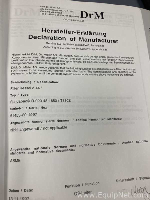 Filtro de Presión Acero inoxidable DrM, Dr. Muller AG, Switzerland Fundabac R-020-48-1650/T130Z